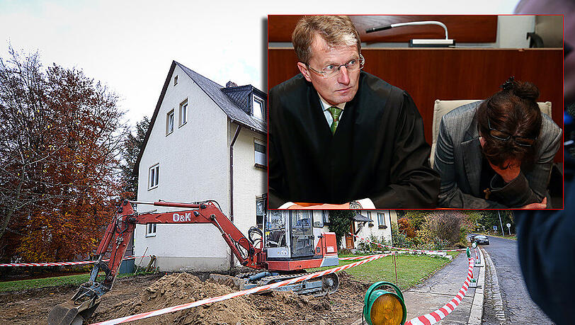 Die Angeklagte und ihr Verteidiger vor Gericht. Im Hintergrund das Grundstück der Familie in Bad Alexandersbad. Auf dieser Baustelle wurden die verwesten Babyleichen gefunden. Die Angeklagte und ihr Verteidiger vor Gericht. Im Hintergrund das Grundstück der Familie in Bad Alexandersbad. Auf dieser Baustelle wurden die verwesten Babyleichen gefunden.