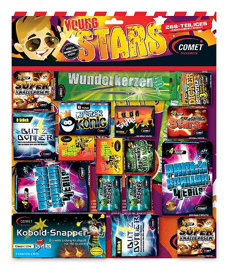 Knallerbsen und Knister-Könige: Set &bdquo;Young Stars&ldquo; (Comet): In dieser Kiste ist nichts extrem laut, es handelt sich ja um ein Jugendset &ndash; dafür gibt&rsquo;s: Super Knallerbsen, Wunderkerzen, Blitz & Donner, Knister-Könige... 
Eine Böller-Box mit 266 Stück &ndash; mehr Auswahl gibt&rsquo;s kaum. Preis: ab 8,95 Euro