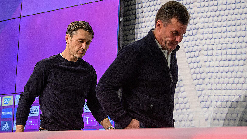 Mönchengladbachs Trainer Dieter Hecking (rechts) und Bayern-Coach Niko Kovac bei der PK nach dem 3:0-Sieg der Gladbacher in München. Mönchengladbachs Trainer Dieter Hecking (rechts) und Bayern-Coach Niko Kovac bei der PK nach dem 3:0-Sieg der Gladbacher in München.
