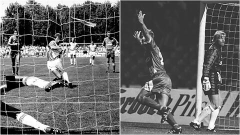 Die beiden Pokal-Patzer der Bayern. Links: Thomas Schwechheimer vom FV 09 Weinheim erzielt ein Elfmetertor gegen die Münchner. Rechts: Vestenbergsgreuths Thomas Stein (l.) jubelt nach dem 1:0 - Bayern-Keeper Oliver Kahn ist bedient.