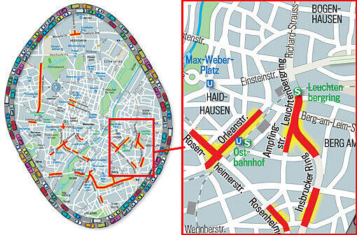 Nervtötender Lärm: die rot markierten Gebiete sind besonders laut - und bewohnt. Links das Stadtgebiet im Überblick, rechts die jeweiligen Brennpunkte.
