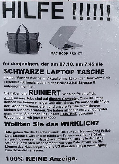"Sie haben uns ruiniert. Wollten Sie das wirklich?" - Mit diesem Zettel appelliert ein Münchner Paar an den Dieb eines Laptops.
