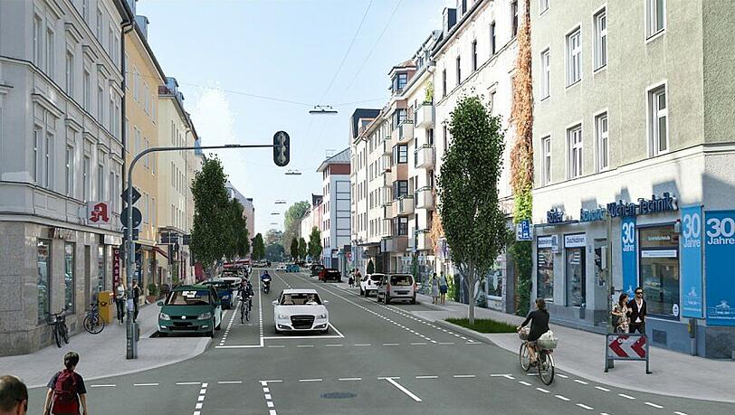Bäume und Radlstreifen: Ab Mai soll die Schleißheimer Straße südlich der Elisabethstraße so aussehen. Bäume und Radlstreifen: Ab Mai soll die Schleißheimer Straße südlich der Elisabethstraße so aussehen.
