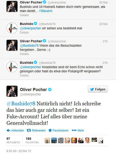 Dem vorangegangen war eine Auseinandersetzung der Beiden auf Twitter. Auch hier hatte er Oliver Pocher nach seiner Bemerkung zu den Vorwürfen der Steuerhinterziehung gegen den Rapper gedroht.