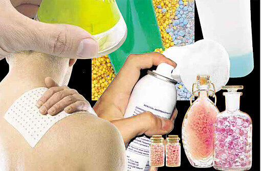 Suchtmittel aus dem Alltag (von links oben im Uhrzeigersinn): Raumlufterfrischer, Dünger, Nagellackentferner, Badesalze, Deosprays und Schmerzpflaster. Als "Badesalz" wurden jüngst Designerdrogen verkauft... Der Zoll schnappte die Rauschgifthändler.