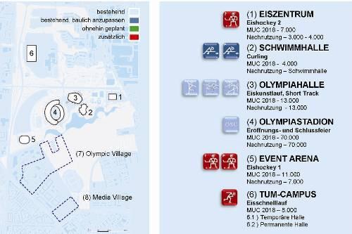 Am Olympiapark sollen 2018 stattfinden: Eishockey im modernisierten Eisstadion (1) und dem Ex-Radstadion (5). Diese Halle ist unabhängig vom Olympia-Zuschlag als Multifunktionshalle (z.B. Eishockey, Basketball) geplant. Curling: Schwimmhalle (2), Eiskunstlauf, Short Track in der Olympiahalle (3), Eröffnungs- und Schlussfeier im Olympiastadion (4), Eisschnelllauf auf dem ZHS-Gelände. Unklar ist noch, ob diese Halle nur für die Spiele oder für immer gebaut wird. Das Bundeswehr-Areal an der Dachauer Straße wird zum Olympischen Dorf für 3500 Athleten (7), am Leonrodplatz entsteht das Media Village für Journalisten.