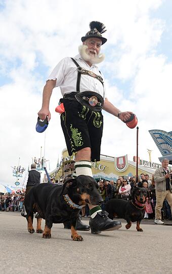 Ein Ur-Bayer wie man ihn sich vorstellt: Hundesbesitzer Werner geht mit perfekt gestyltem Bart und Dackel auf die Wiesn.