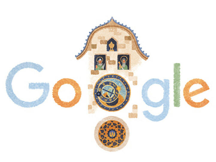 Das Google-Logo mit der Prager Rathausuhr