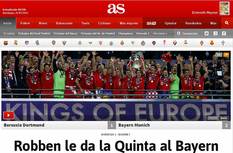 Die spanische AS schreibt: "Robben le da la Quinta al Bayern". Zu deutsch: Robben beschert Bayern den fünften Champions-League-Titel.