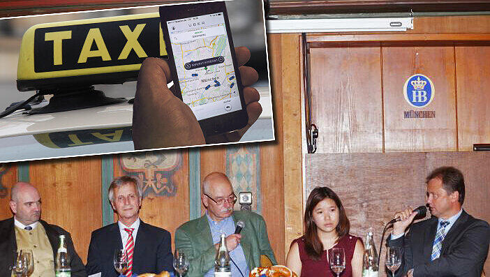 Auf dem Podium Im Hofbräuhaus (v. l.): Tom Buntrock (Taxi-Cap-Magazin) Reinhard Zielinski (Chef der Taxi Genossenschaft München), Thomas Ranft (Piratenpartei) Uber-München mit Vertreterin Wu und Horst Linz vom Kreisverwaltungsreferat München. Auf dem Podium Im Hofbräuhaus (v. l.): Tom Buntrock (Taxi-Cap-Magazin) Reinhard Zielinski (Chef der Taxi Genossenschaft München), Thomas Ranft (Piratenpartei) Uber-München mit Vertreterin Wu und Horst Linz vom Kreisverwaltungsreferat München.