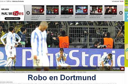 "Robo en Dortmund" - zu Deutsch "Raub in Dortmund" titelt die Zeitung "Sur" aus Málaga. Dort kann man die Niederlage naturgemäß nicht verstehen: "Málaga dominierte das Spiel und hätte den Sieg verdient gehabt. Doch ein klares Abseitstor war entscheidend."