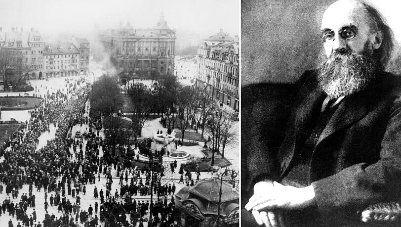Menschenmengen versammeln sich am 8. November 1918 in München. Kurt Eisner (r) proklamierte damals den republikanischen "Freistaat Bayern" Menschenmengen versammeln sich am 8. November 1918 in München. Kurt Eisner (r) proklamierte damals den republikanischen "Freistaat Bayern"