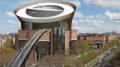 Diébédo Francis Kérédes Opernhausentwurf kommt während des Gasteig Umbaus auf das Dach. Eine Rolltreppe nach dem Vorbild der Elbphilharmonie wird die Münchner zum Konzertsaal bringen.