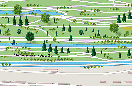 Höhe St. Emmeram-Straße: Links der Isar schlängelt sich der Oberstjägermeisterbach durch den Englischen Garten. Damit laufen hier drei verschiedene Gewässer parallel: Bach, Fluss und Kanal.