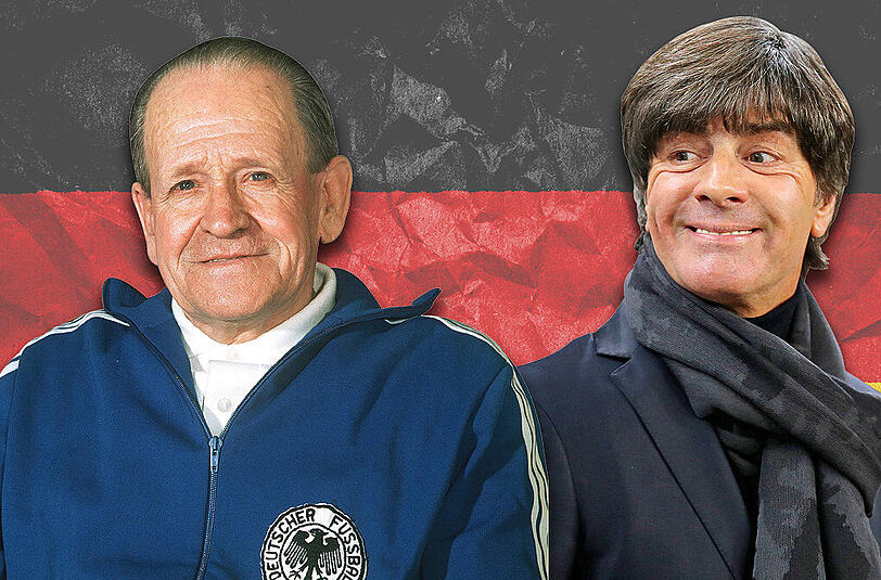 Der eine Bundestrainer hat schon, der andere will noch gern: Sepp Herberger (l.) hält den DFB-Rekord mit 94 Siegen, Joachim Löw könnte heute Abend zu ihm aufschließen.