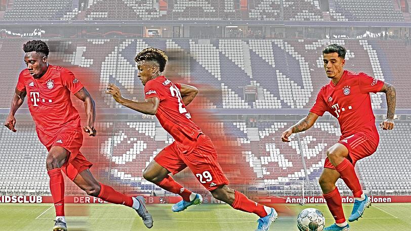 Geschwindigkeit ist Trumpf: Der neue Spielmacher Coutinho (r.) wird die Bayern-Sprinter wie Alphonso Davies (l.) und Kingsley Coman häufig steil schicken.