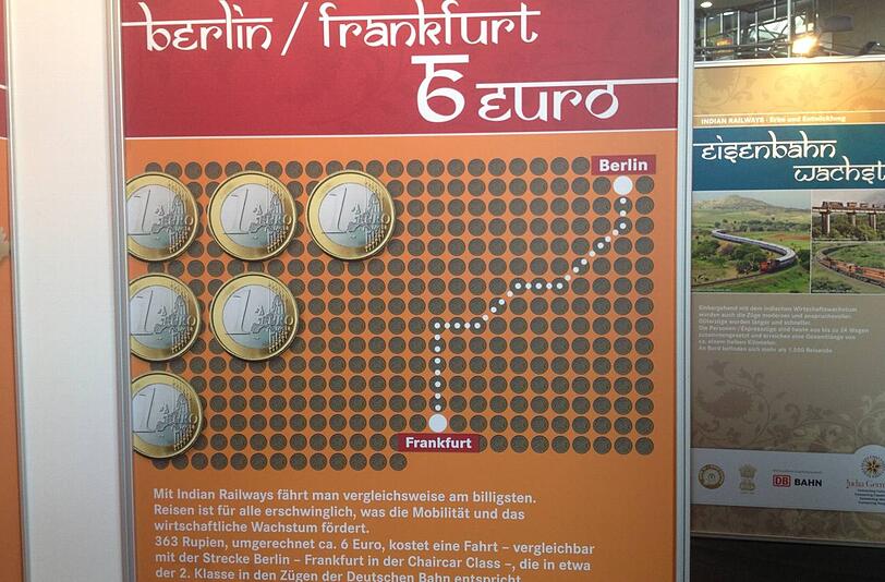 Sechs Euro würde die Strecke Berlin-Frankfurt in Indien kosten: Ausstellung über die Bahn im Hauptbahnhof.