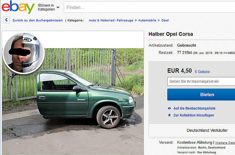 Selbst das Auto wurde in zwei gleich große Stücke zerteilt und steht jetzt zum Verkauf.