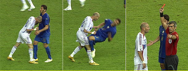 Eine Szene, die Fußball-Geschichte geschrieben hat: Zinedine Zidane rammt Marco Materazzi den Kopf an die Brust. Die Folge: Rot für die Tätlichkeit und Frankreich verliert das WM-Finale - Zizous trauriger Abgang. Eine Szene, die Fußball-Geschichte geschrieben hat: Zinedine Zidane rammt Marco Materazzi den Kopf an die Brust. Die Folge: Rot für die Tätlichkeit und Frankreich verliert das WM-Finale - Zizous trauriger Abgang.