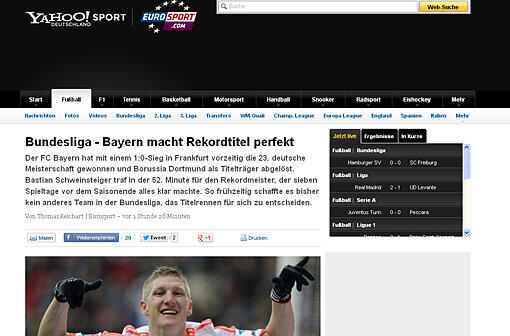 "Bundesliga - Bayern macht Rekordtitel perfekt" schreibt das Yahoo-Sport-Portal.