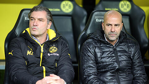 Dortmunder Eisschrank: BVB-Sportdirektor Michael Zorc (links) und BVB-Trainer Peter Bosz beim 4:4 gegen den FC Schalke 04.
