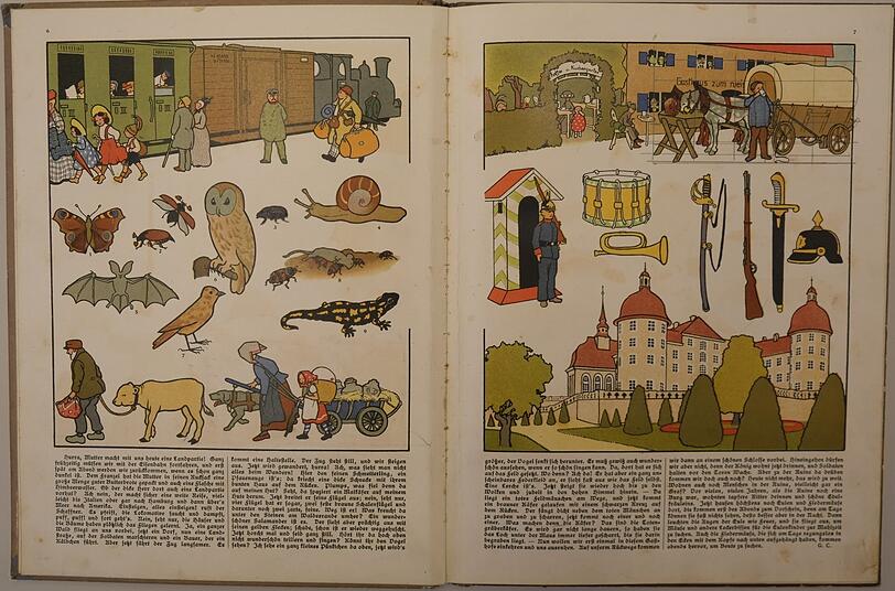 1909: Die Illustratorin Gertrud Caspari zeichnet in ihrem "Anschauungs- und Darstellungsbuch. Auf dem Lande" Menschen, Tiere und Gegenstände zu einer Vorlesegeschichte.