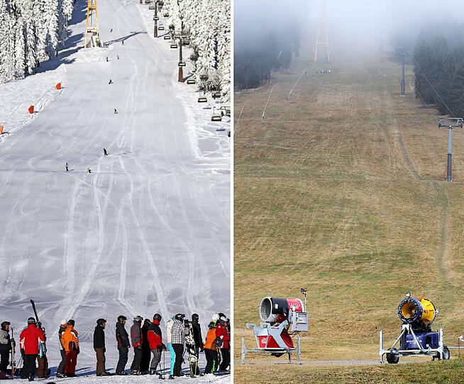 Skipiste am Fichtelberg in Oberwiesenthal: Links am 4.12.2010, rechts am 01.12.2011. Der Winter lässt dieses Jahr auf sich warten.