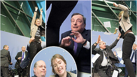 Zwischenfall bei der EZB: Draghi muss eine PK unterbrechen, weil eine Femen-Aktivistin die Konferenz stört. Die Bilder...