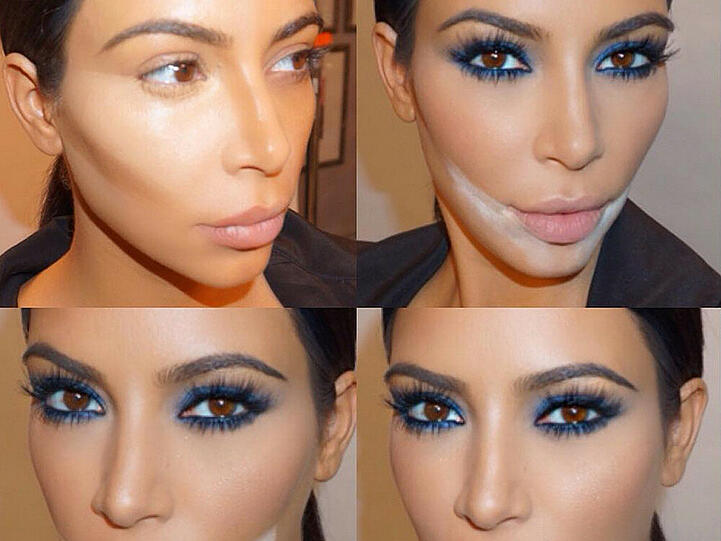 Kim Kardashian in vier unterschiedlichen Schminkstufen