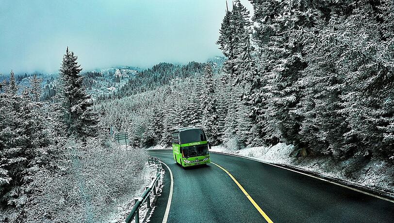 Ein Flixbus fährt durch eine winterliche Landschaft.