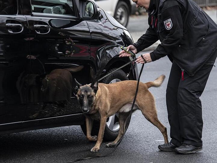 Ein Spürhund der Polizei ist in Berlin an einem Checkpoint im Einsatz.