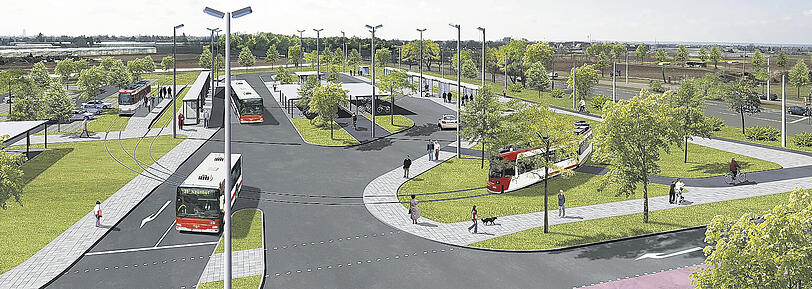 So wird der neue Endbahnhof Am Wegfeld mit der Straßenbahn-Wendeschleife aussehen. Links hinten ist die Metro zu sehen, rechts geht es nach Erlangen.