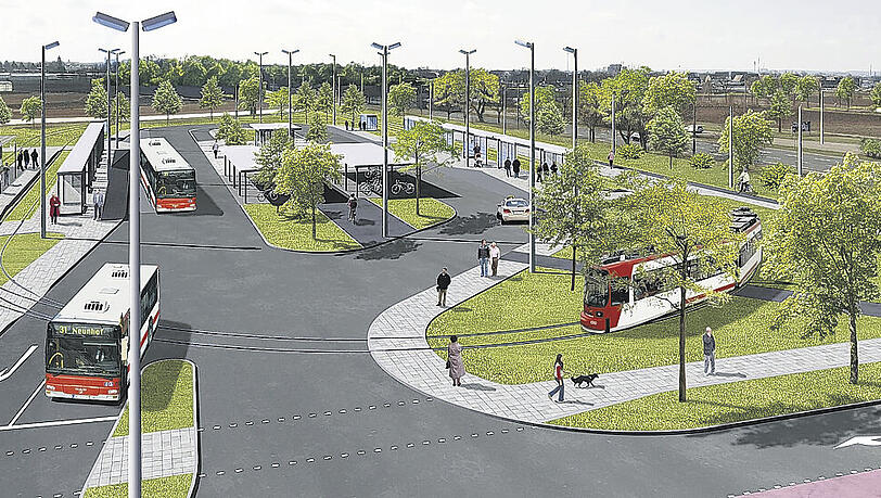 So wird der neue Endbahnhof Am Wegfeld mit der Straßenbahn-Wendeschleife aussehen. Links hinten ist die Metro zu sehen, rechts geht es nach Erlangen. So wird der neue Endbahnhof Am Wegfeld mit der Straßenbahn-Wendeschleife aussehen. Links hinten ist die Metro zu sehen, rechts geht es nach Erlangen.