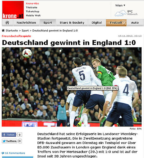 Die Kronenzeitung ist fasziniert von der DFB-Bilanz in Wembley: Seit 38 Jahren ungeschlagen!