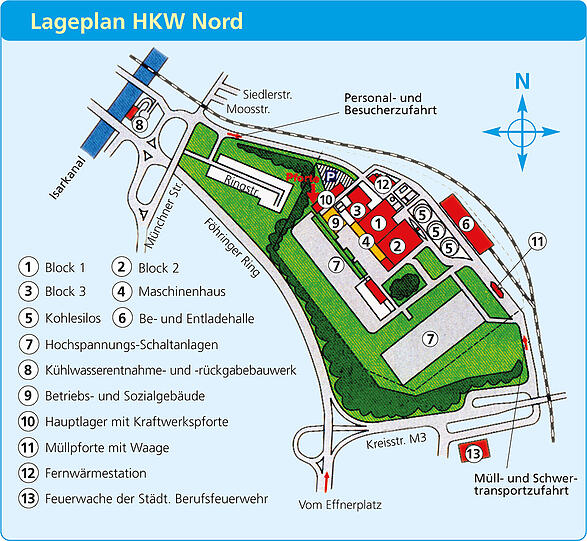 Der Lageplan des HKW Nord: Hochspannungs-Anlagen, Bahnschienen, Be- und Entladehallen, ein Maschinenhaus, eine Fernwärmehalle. Ziemlich in der Mitte des riesigen Heizkraftwerk-Nord-Komplexes, neben den beiden Müllverbrennungsanlagen der SWM, steht Block 2 &ndash; der Steinkohleblock.