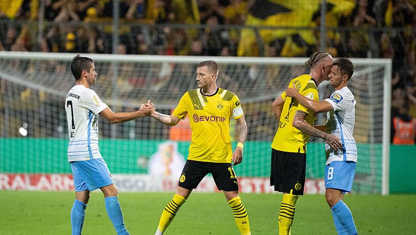 Stefan Lex von 1860 München (l-r), und Marco Reus von Borussia Dortmund, sowie Marius Wolf von Borussia Dortmund und Erik Tallig von 1860 München verabschieden sich nach dem Spiel.