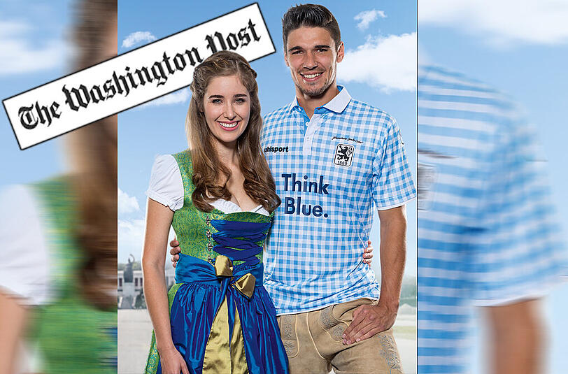 Weltweit bekannt: Das Löwen-Wiesn-Madl Isabell und Christoph Schindler präsentieren das neue Wiesn-Trikot.