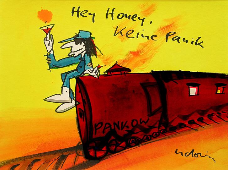 Eine Ausstellung im Foyer der Lebensversicherung zeigt auch dieses Werk von Udo Jürgens: "Sonderzug nach Pankow - Hey Honey keine Panik.