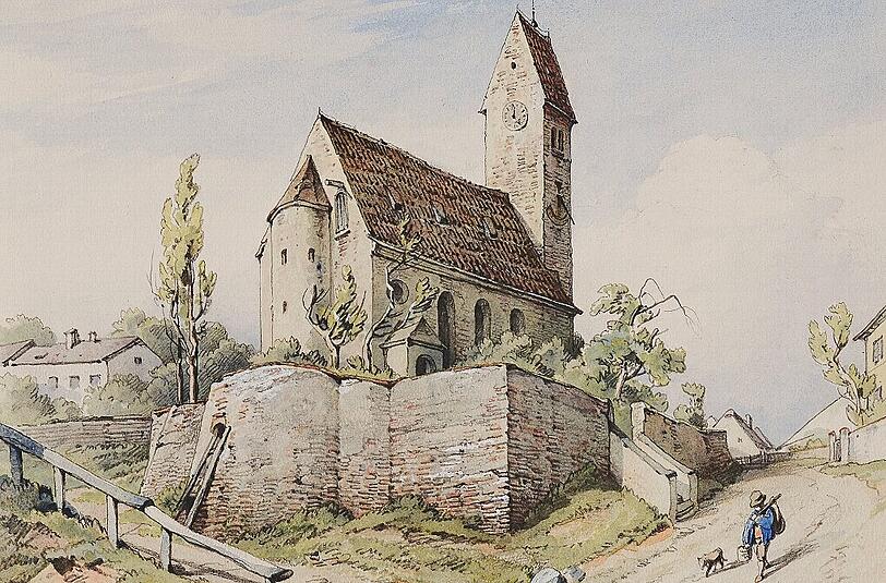 Die &bdquo;alte Kirche in Gießing&ldquo; stand bis zum Jahr 1888 auf dem Giesinger Berg neben der heutigen Heilig-Kreuz-Kirche. Sie wurde zugunsten einer Gartenanlage abgerissen.