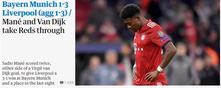 Der "Guardian" hält sich recht sachlich. Zu sehen: Ein niedergeschlagener David Alaba. Doch an anderer Stelle werden die britischen Journalisten schon deutlicher: "Ja, die Beweise lassen sich nicht widerlegen, dass Bayern sich auf dem absteigenden Ast befindet, wie es der Verfall des einst eindrucksvollen Franck Ribéry zeigt. Auch ist der 28-fache Bundesliga-Champion fade geworden, vielleicht als Folge seiner wiederholten Erfolge daheim. Das sollte aber nicht von der Vorstellung Liverpools an einem Abend ablenken, an dem Klopps Spieler beherzt abgewehrt und ihre Chancen nüchtern genutzt haben, ohne dabei einen Hauch von Unruhe zu zeigen."