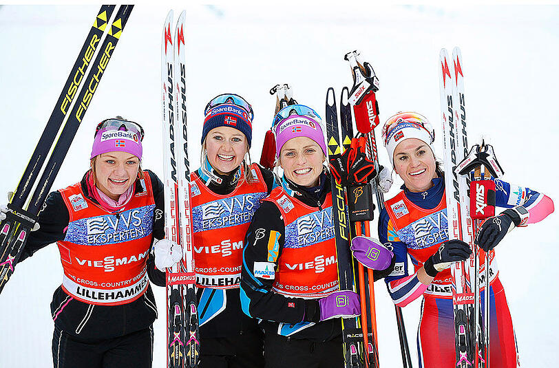 Sie haben gut lachen: Die norwegische Langlauf-Staffel mit Maiken Caspersen Falla, Ingvild Flugstad Ostberg, Therese Johaug und Heidi Weng (von links).
