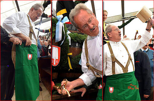 Es mit nur einem Schlag zu versuchen war ihm zu riskant. Trotzdem: Er bleibt mit zwei Schlägen der Anzapf-Rekordhalter. Hier gibt's die Bilder von der Eröffnung der 180. Wiesn durch OB Christian Ude.