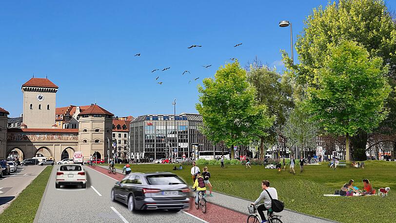 So stellen sich die Grünen Isartorplatz und Thomas-Wimmer-Ring vor &ndash; Platz für Autos soll demnach bleiben.