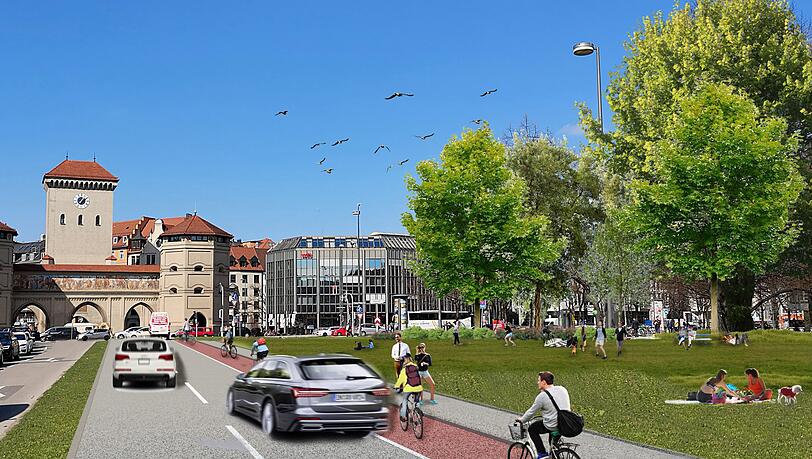 So stellen sich die Grünen Isartorplatz und Thomas-Wimmer-Ring vor – Platz für Autos soll demnach bleiben. So stellen sich die Grünen Isartorplatz und Thomas-Wimmer-Ring vor – Platz für Autos soll demnach bleiben.