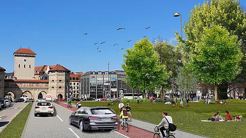 So stellen sich die Grünen Isartorplatz und Thomas-Wimmer-Ring vor &ndash; Platz für Autos soll demnach bleiben.
