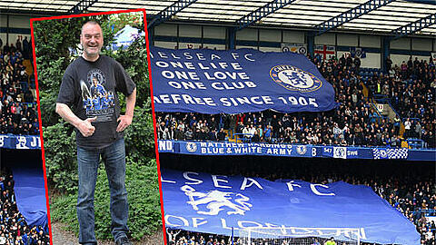 Müssen Münchner am Samstag zu den Bayern halten? Andreas Ertl, der Chelsea-Andy, findet: Ganz sicher nicht. Im Hintergrund: Das Stadion an der Stamford Bridge, die Heimat des FC Chelsea &ndash; und die Kultstätte seiner Fans.