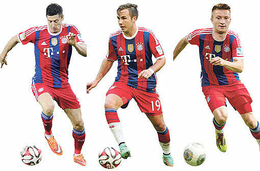Wechselten schon von Dortmund nach München: Götze (M.) und Lewandowski (l.). Reus (r.) wird ihnen 2015 wohl folgen.