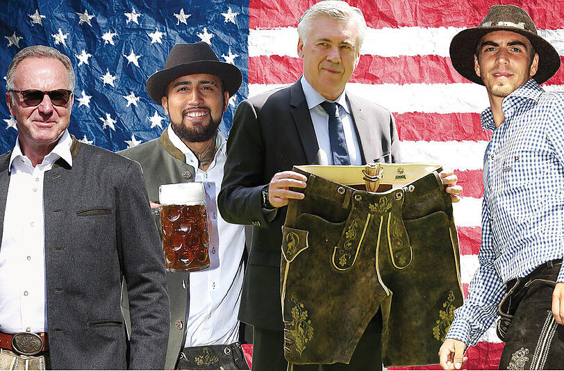 Go West! Der FC Bayern bricht heute in die USA auf, mit dabei: Vorstandsboss Karl-Heinz Rummenigge, Trainer Carlo Ancelotti und Kapitän Philipp Lahm (v.l.). Arturo Vidal (2.v.l.) reist verspätet an.