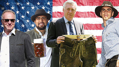 Go West! Der FC Bayern bricht heute in die USA auf, mit dabei: Vorstandsboss Karl-Heinz Rummenigge, Trainer Carlo Ancelotti und Kapitän Philipp Lahm (v.l.). Arturo Vidal (2.v.l.) reist verspätet an.
