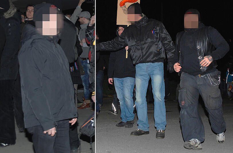 Wegen Körperverletzung vorübergehend festgenommen: Karl-Heinz S. (l.) bei Bagida. Rechtes Bild: Von der Anklagebank im NSU-Prozess direkt zur Demo: André E (r.).